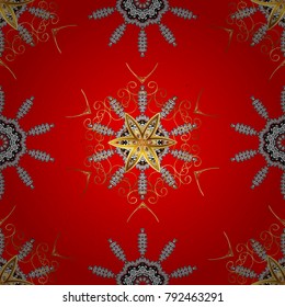 Vector seamless pattern on red colors with golden elements and with white doodles. Vector illustration.