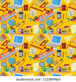 vector seamless pattern on a school theme, the Association for educational institutions, items, globe, food,instruments, pencils, lanaki, all that is connected with learning, the background 