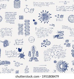 Vector seamless pattern on a scientific topic in virology, chemistry, biology, medicine. Abstract background with ink drawings and handwritten lorem ipsum text. Wallpaper, wrapping paper, fabric
