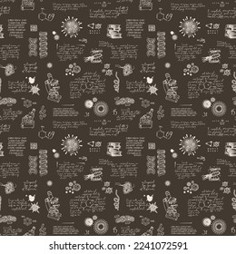 Vector seamless pattern on scientific topic in virology, chemistry, biology, medicine. Abstract background with ink drawings and handwritten lorem ipsum text. Wallpaper, wrapping paper, fabric