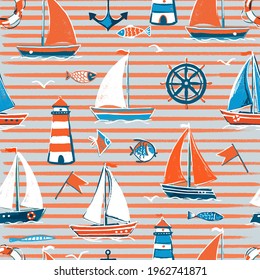 Vector seamless pattern on the sea theme in orange and gray stripes. Sailboats on the sea with a lighthouse, fish.