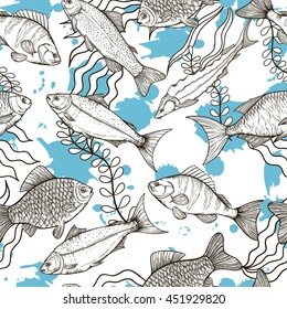 Vector seamless pattern on the sea theme. Line silhouettes of different fish. Sketches silhouettes handmade: bream, carp, trout, salmon, sturgeon, perch