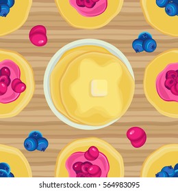 Vector seamless pattern on Shrove Tuesday pancakes with jam on a wooden surface