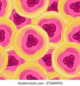 Vector seamless pattern on Shrove Tuesday. Many pancakes with cherry jam