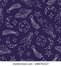 
Vector seamless pattern on a space theme, rocket, comet, crescent, stars and planets, white outline on a dark blue background, hand drawn doodle