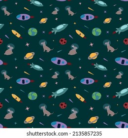 Vector seamless pattern on space theme. Contains: several spaceships, stars, planets Earth, Mars, Saturn, a dog and a hare in space helmets.