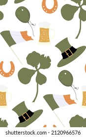 Vector Seamless Pattern on St. Patrick's Day theme, Green leprechaun hat, lucky horseshoe, magic clover, pot with golden coins on white background, green wrapping paper pattern, greeting wallpaper art