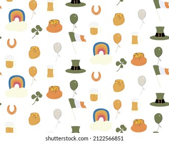Vector Seamless Pattern on St. Patrick's Day theme, Green leprechaun hat, lucky horseshoe, magic clover, pot with golden coins on white background, green wrapping paper pattern, greeting wallpaper art