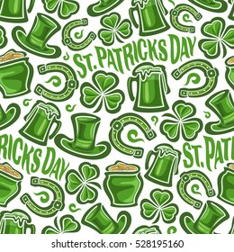 Vector Seamless Pattern on St. Patrick's Day theme, Green cylinder hat, lucky horseshoe, magic shamrock, pot wealth, mug tankard on white background, green wrapping cloth pattern, luck wallpaper art.