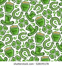 Vector Seamless Pattern on St. Patrick's Day theme, Green leprechaun hat, lucky horseshoe, magic clover, pot with golden coins on white background, green wrapping paper pattern, greeting wallpaper art