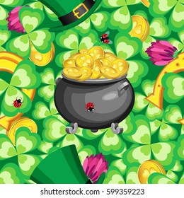 Vector seamless pattern on St. Patrick's Day. Gold horseshoe, Leprechaun's hat and a pot of coins on a dense background of bright green shamrocks.