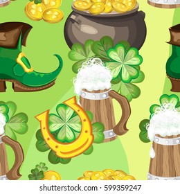 Vector seamless pattern on St. Patrick's Day. A pot of coins, a mug of beer, Leprechaun boots and a horseshoe on a green patchwork background.