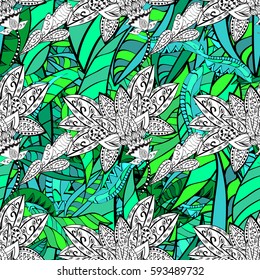 Vector seamless pattern on stripes background with green elements and with white doodles. Vector illustration. Damask seamless pattern for design.