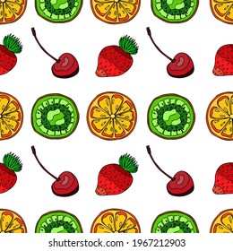 Vector seamless pattern on a summer theme. Bright fruits: strawberries, cherries, kiwis, oranges. Printing for textiles, backgrounds, packaging products
