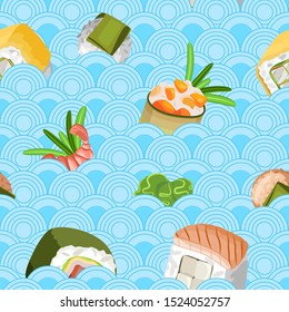 Vector seamless pattern on sushi theme. Light blue japanese ornament background
