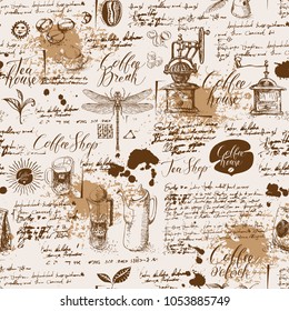 Vector seamless pattern on tea and coffee theme in retro style. Various coffee symbols, dragonfly, blots and inscriptions on a background of old manuscript. Can be used as wallpaper or wrapping paper