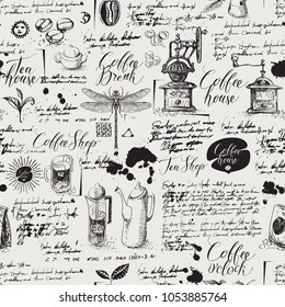 Vector seamless pattern on tea and coffee theme in retro style. Various coffee symbols, dragonfly, blots and inscriptions on a background of old manuscript. Can be used as wallpaper or wrapping paper