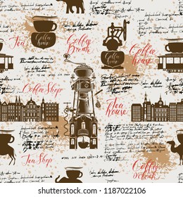 Vector seamless pattern on the tea and coffee theme with a various coffee symbols, blots and inscriptions on a background of old manuscript in retro style. Can be used as wallpaper or wrapping paper