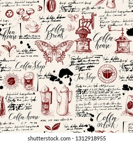 Vector seamless pattern on tea and coffee theme in retro style. Various coffee symbols, butterfly, blots and inscriptions on a background of old manuscript. Can be used as wallpaper or wrapping paper