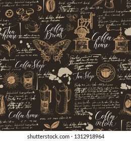 Vector seamless pattern on tea and coffee theme in retro style. Various coffee symbols, butterfly, blots and inscriptions on a background of old manuscript. Can be used as wallpaper or wrapping paper