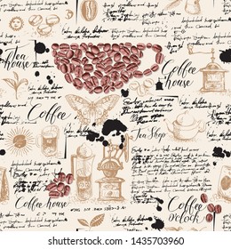 Vector seamless pattern on tea and coffee theme in retro style. Various coffee and tea sketches, blots and inscriptions on a background of old manuscript. Can be used as wallpaper or wrapping paper