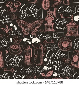 Vector seamless pattern on of tea and coffee theme in retro style. Repeatable background with hand-drawn items, butterfly, spots and handwritten inscriptions. Suitable for wallpaper or wrapping paper