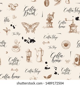 Vector seamless pattern on of tea and coffee theme in retro style. Repeatable background with hand-drawn items, butterfly, spots and handwritten inscriptions. Suitable for wallpaper or wrapping paper