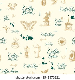 Vector seamless pattern on tea and coffee theme in retro style. Hand-drawn background with kitchen items, butterfly, spots and handwritten inscriptions. Suitable for wallpaper, wrapping paper, fabric