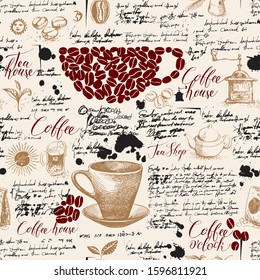 Vector seamless pattern on tea and coffee theme with drawings, spots and illegible handwritten notes in vintage style. Suitable for Wallpaper, wrapping paper, background or fabric