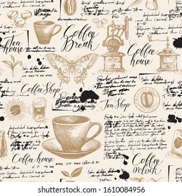 Vector Seamless Pattern On Tea And Coffee Theme With Sketches, Blots And Unreadable Inscriptions In Retro Style. Suitable For Wallpaper, Wrapping Paper, Background, Fabric Or Textile