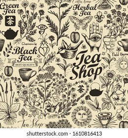Vector seamless pattern on tea theme in retro style. Abstract background with hand-drawn herbs, kitchen items and inscriptions. Suitable for wallpaper, wrapping paper, fabric. Chinese hieroglyph Tea