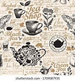 Vector seamless pattern on tea theme with sketches, inscriptions and illegible scribbles imitating handwritten text. Abstract background in retro style. Suitable for Wallpaper, wrapping paper, fabric