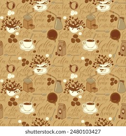 Vector seamless pattern on tea and coffee theme in retro style. Repeatable background with coffee items, splashes and handwritten inscriptions. Suitable for wallpaper, wrapping paper, fabric