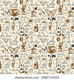 Vector seamless pattern on tea and coffee label theme with sketches, blots and inscriptions in retro style. Suitable for Wallpaper, wrapping paper, background, fabric or textile