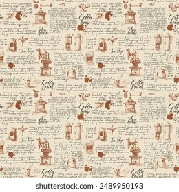 Vector seamless pattern on tea and coffee theme. Hand-drawn background with kitchen items, blobs and handwritten lorem ipsum text on old paper. Suitable for retro wallpaper, wrapping paper, fabric