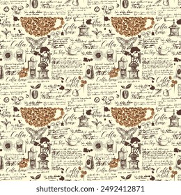 Vector seamless pattern on tea and coffee theme in retro style. Various coffee and tea sketches, blots and inscriptions on a background of old manuscript. Can be used as wallpaper or wrapping paper