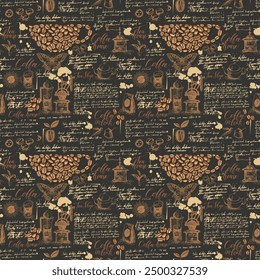 Vector seamless pattern on tea and coffee theme in retro style. Various coffee and tea sketches, blots and inscriptions on a background of old manuscript. Can be used as wallpaper or wrapping paper