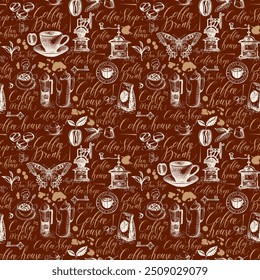 Vector seamless pattern on tea and coffee label theme with sketches, blots and inscriptions in retro style. Suitable for Wallpaper, wrapping paper, background, fabric or textile