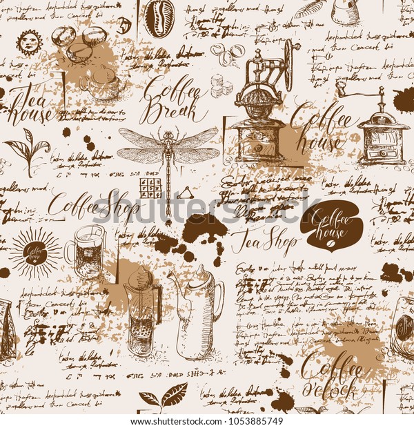 レトロなスタイルの茶とコーヒーのテーマにシームレスなベクター画像 古い写本の背景に様々なコーヒーシンボル トンボ しみ 碑文 壁紙や包装紙として使用可能 のベクター画像素材 ロイヤリティフリー