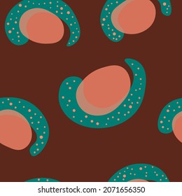 Vector seamless pattern on terra cotta orange, emerald green color on dark brown background. Abstract trendy color modern hand drawn geometry with polka dots. Down to Earth palette. Cute Fashion print