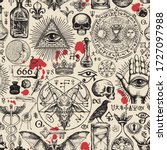 Vector seamless pattern on a theme of freemasonry, satanism and occultism in retro style. Abstract repeating illustration with hand-drawn sketches and blood drops on the old paper background