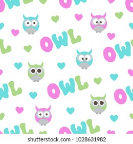 Vector seamless pattern on the theme of birds. Cute owls with hearts and lettering.