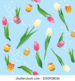 Vector seamless pattern on the theme of Easter with spring flowers tulips, and painted Easter eggs on a blue background