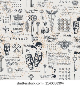 Vector seamless pattern on the theme of theater and drama with drawings of theatrical masks, vintage keys and lettering. Retro wallpaper, wrapping paper or backdrop for textile with sketches and blots