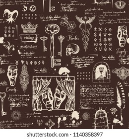Vector seamless pattern on the theme of theater and drama with drawings of theatrical masks, vintage keys and lettering. Retro wallpaper, wrapping paper or backdrop for textile with sketches and blots