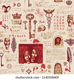 Vector seamless pattern on the theme of theater and drama with drawings of theatrical masks, vintage keys and lettering. Retro wallpaper, wrapping paper or backdrop for textile with sketches and blots