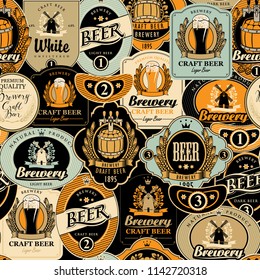 Vector seamless pattern on the theme of beer with various beer labels with images of barrels, beer glasses, mills, laurel wreathes, ears of wheat and other in retro style