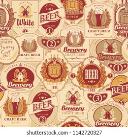 Vector seamless pattern on the theme of beer with various beer labels with images of barrels, beer glasses, mills, laurel wreathes, ears of wheat and other in retro style