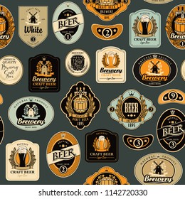 Vector seamless pattern on the theme of beer with various beer labels with images of barrels, beer glasses, mills, laurel wreathes, ears of wheat and other in retro style on dark background