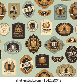 Vector seamless pattern on the theme of beer with various beer labels with images of barrels, beer glasses, mills, laurel wreathes, ears of wheat and other in retro style